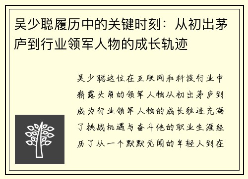 吴少聪履历中的关键时刻：从初出茅庐到行业领军人物的成长轨迹